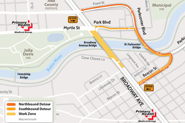 map of the Broadway bridge project, Boise, Primary Health locations open through construction